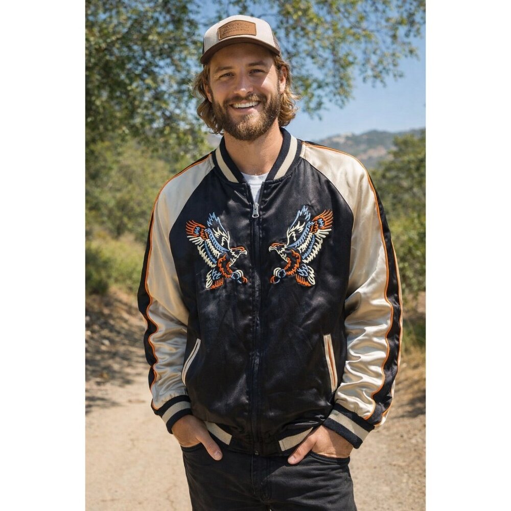 Topman Sukajan Satin Souvenir Bomber Jacket Embroidered Eagle Santa Cruz L